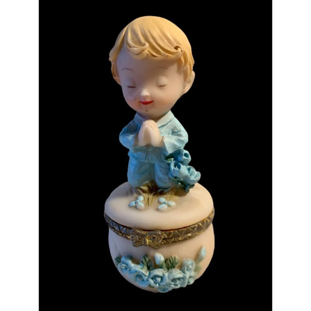 Vintage First Holy Communion Trinket Carved Box Boy Child Praying 4" tall
